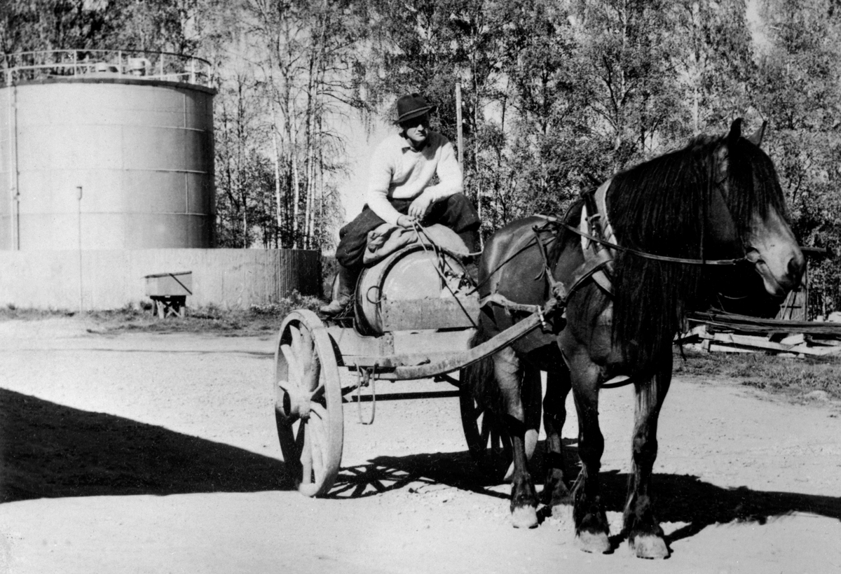 Anno Domkirkeodden, Hest med transportkjerre. Henting av parafin til traktor på Gjøvik. Kjørekar er Erling Madslangerud f.1922, Tangnes søndre, Gaupen, Hedmark.