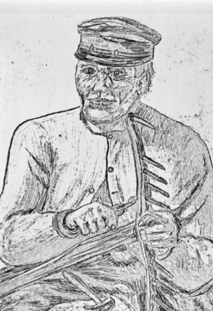 Anno Domkirkeodden, Tegning, portrett av Andreas Arnesen Lie (1819-1881), Lie nedre, Nes, Hedmark. Setter inn nye tinner i rive. Tegnet av et av hans barnebarn.