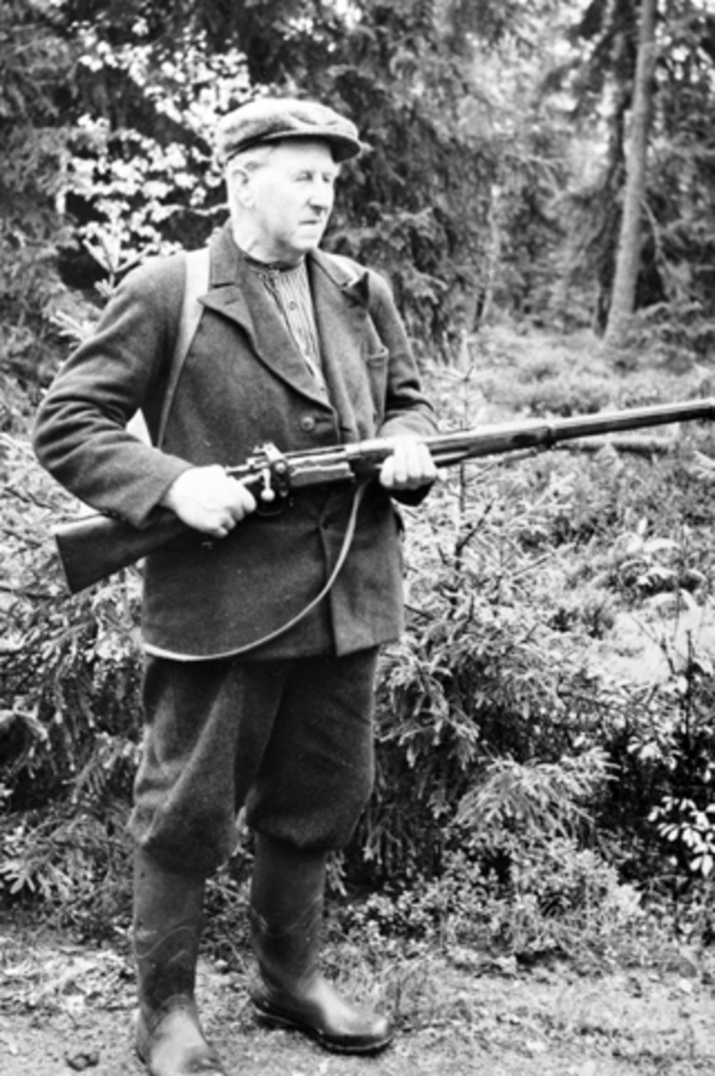 Anno Domkirkeodden, Elgjeger Kristen Heggelund med gevær, elgjakt på Høljamyra i Furnes Almenning.
