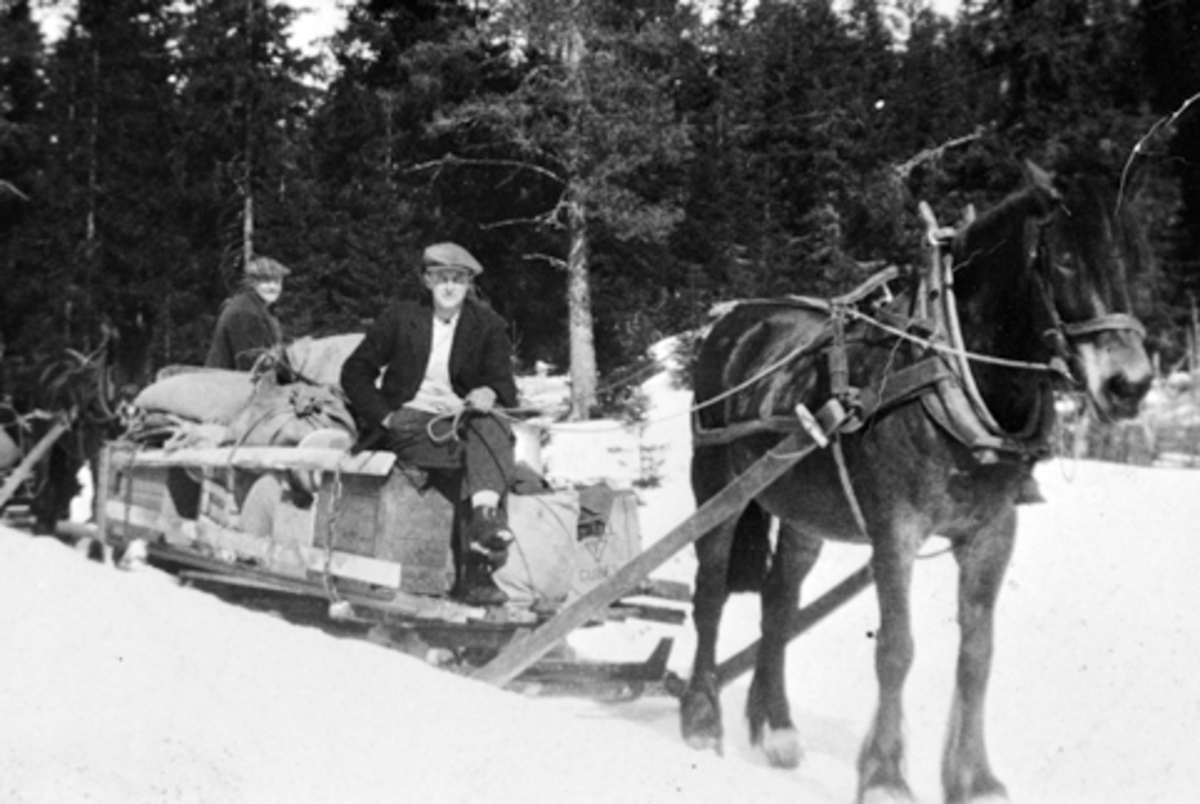 Anno Domkirkeodden, To hester med tømmerlass. Vintersesongen slutt i Furnes Almenning. Foran er Harald Høgsveen, Jørgen Rognlidalen. Bak er Julius Juliussen og Lars Høgsveen.