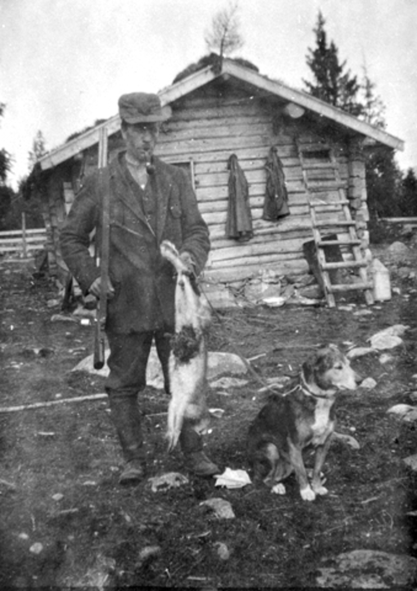 Anno Domkirkeodden, Portrett, harejeger Andreas Røset med hagle og hunden Freia, koie ved Bjønnåsbrua, Furnes Almenning.