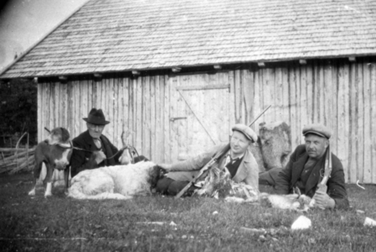 Anno Domkirkeodden, 3 ukjente harejegere med hunder og våpen på Lauvlia seter, Ringsakerfjellet.
