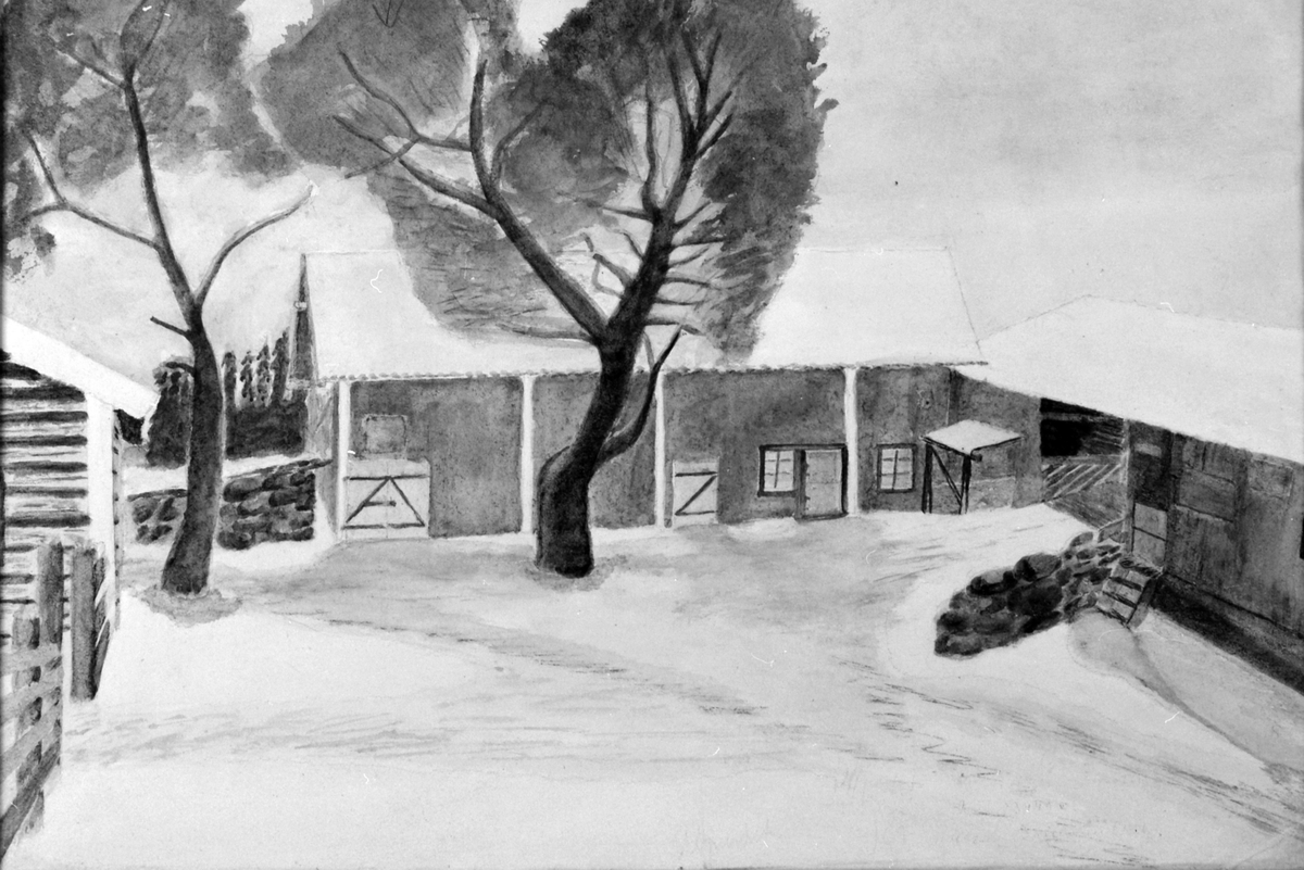 Anno Domkirkeodden, Maleri av tunet på Torsæter gard, Veldre, Ringsaker. Ca. 1940.