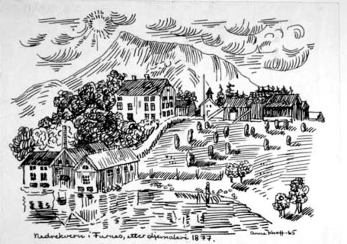 Anno Domkirkeodden, Nerkvern gård, Brumunddal. Tegning av Anne-Lise Knoff slik garden så ut i 1877. Etter gammelt oljemaleri.