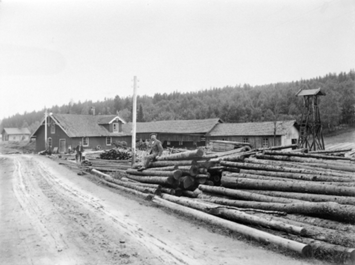 Anno Domkirkeodden, Sagbruket Kvisla i Næroset, Ringsaker omkring 1905. Tømmerlunne. Tårn med wire fra vannhjul overførte kraft til snekkerverkstedet. Johannes Olsen kjøpte stedet i 1881 og bestyrer Julius Olsen overtok i 1910. Kvisla Bruk.