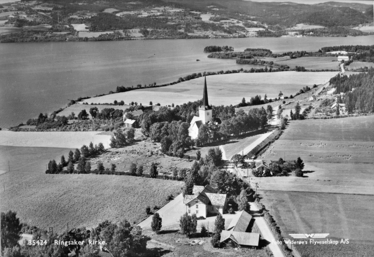Widerøes Flyveselskap A/S, Flyfoto, Ringsaker kirke og prestegarden, Tingvang, Stein gård, Steinsholmen, Mjøsa.