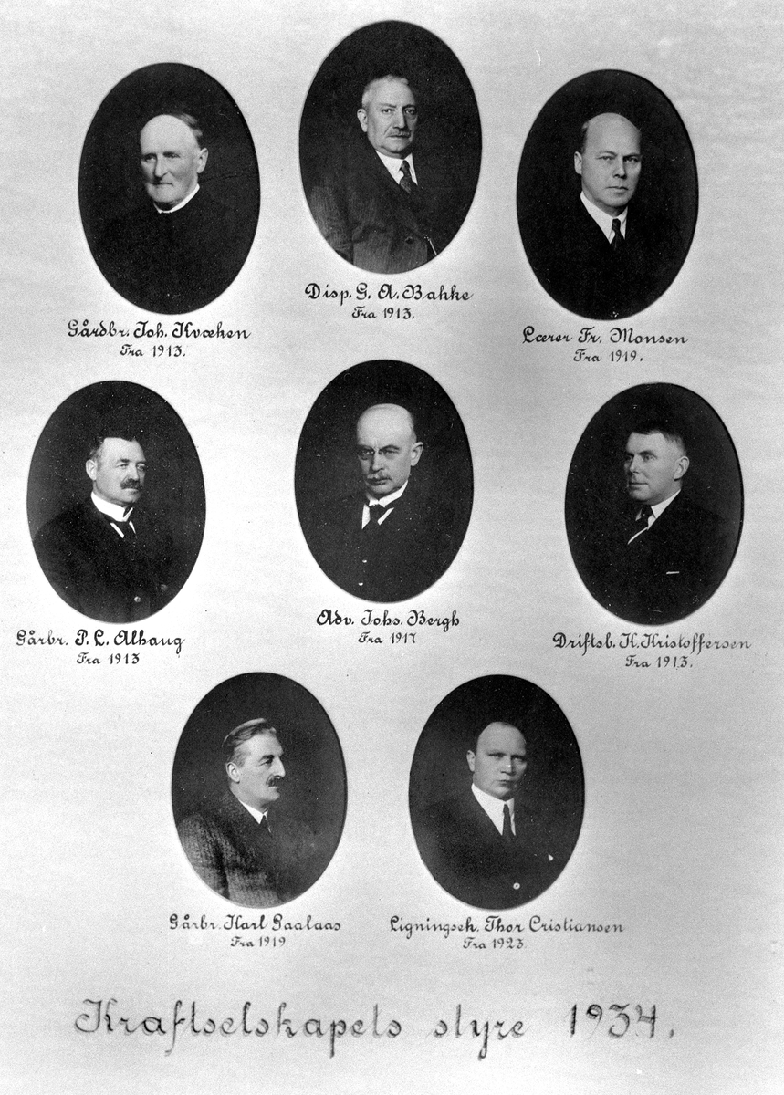 Anno Domkirkeodden, MONASJE, 8 PORTRETTER, HAMAR VANG OG FURNES KOMMUNALE KRAFTSELSKAPS STYRE: DISPONENT G. A. BAKKE, LÆRER FREDRIK MONSEN, JOHAN KVÆKEN, P. L. ALHAUG, E. J. BERGH, KARL KRISTOFFERSEN, KARL GAALAAS, KARL CHRISTIANSEN
