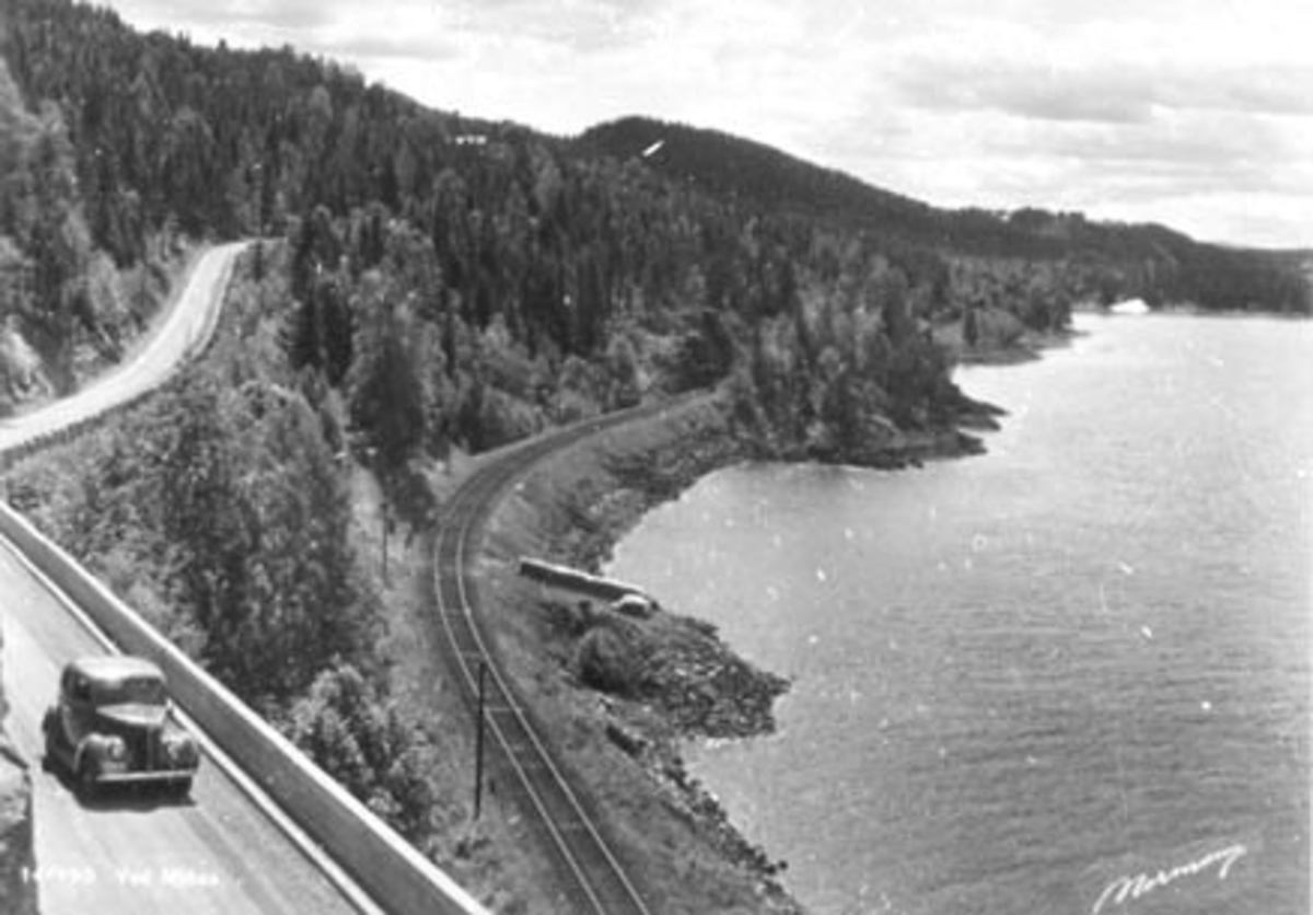 Anno Domkirkeodden, OVERSIKT RIKSVEG 50 OG JERBANESPORTET VED MJØSA, ESPA, KOMMUNIKASJON. POSTKORT.