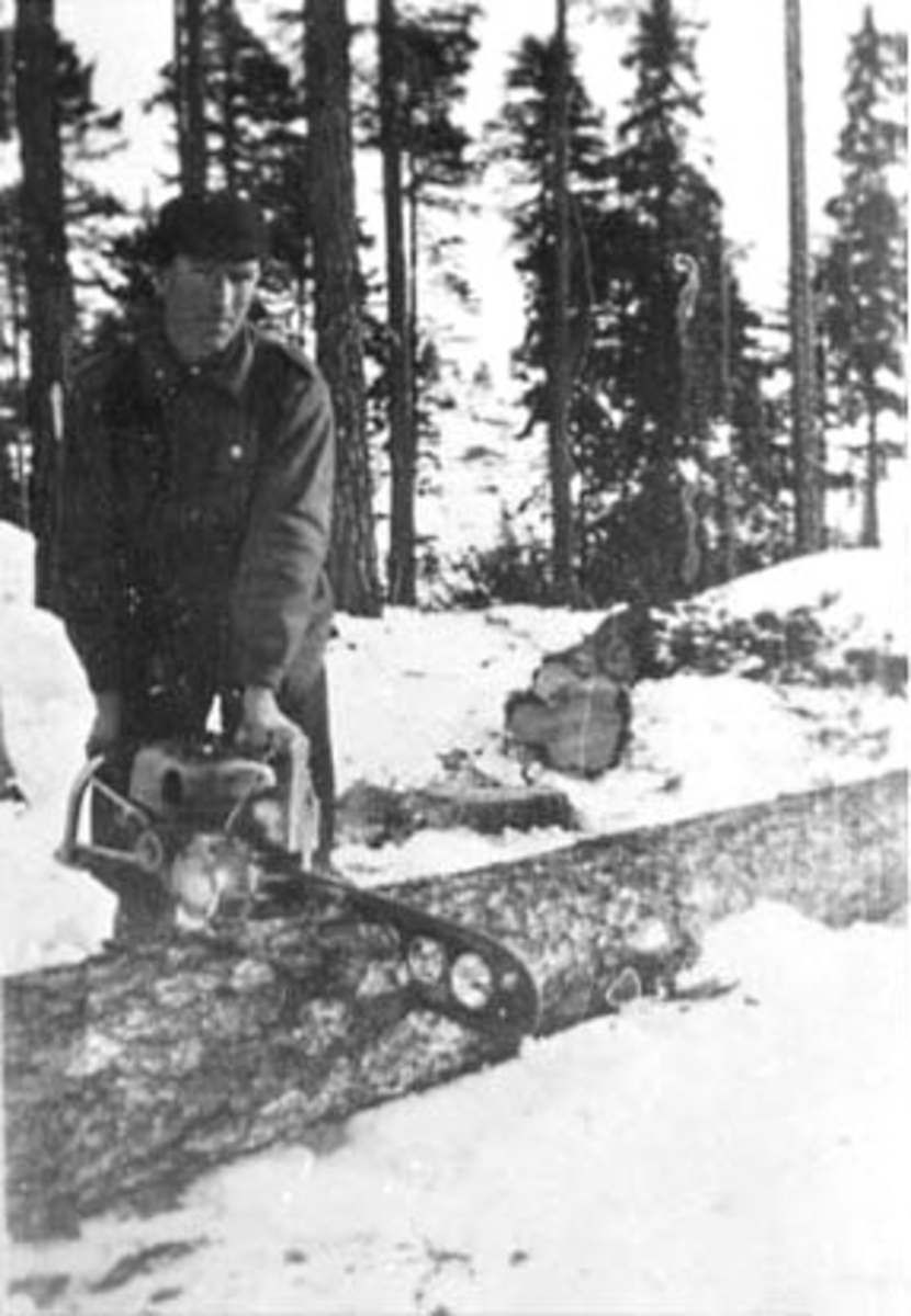 Anno Domkirkeodden, ALF KJELLDALEN, TØMMERHOGGER MED MOTORSAG, RASLIA, VINTER, ROMEDAL ALLMENNING