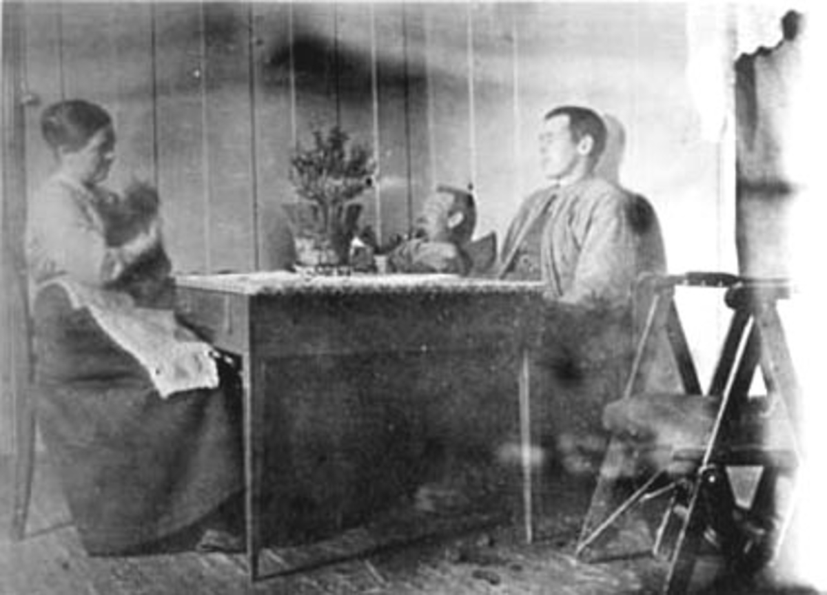 Anno Domkirkeodden, INTERIØR: OPPHOLDSROM, BORD, STOLER, DIVAN, GRUPPE: 3: ANNE NARMO MED HUND PÅ FANGET, ANDREAS NARMO, NILS NARMO, GAUSTAD SØNDRE, OTTESTAD