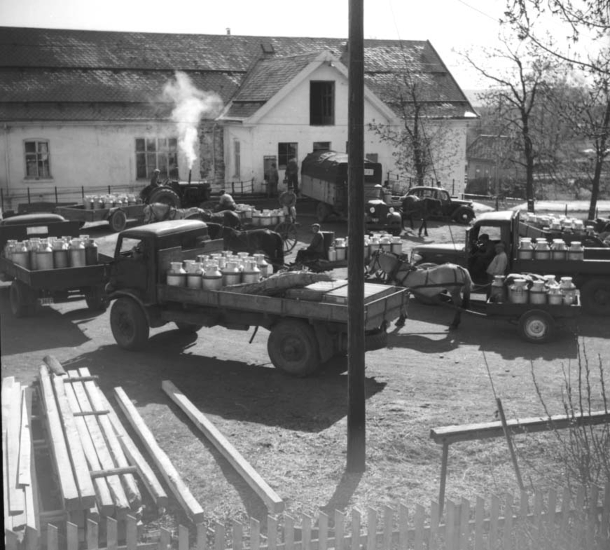 Anno Domkirkeodden, EKSTERIØR: STANGE MEIERI, HESTER MED MELKEVOGN, LASTEBILER, MELKESPANN