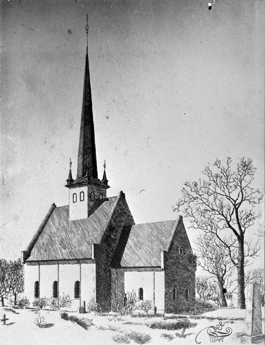 Normann Helger, TEGNING: STANGE KIRKE MED AVTRAPPET GAVL, , MERK INNGANGSDØR.