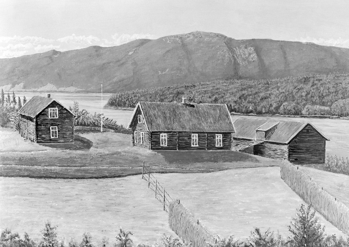 Anno Domkirkeodden, MALERI, EKSTERIØR: GARDSBRUK, SKABERUD GÅRD, TANGEN. SLIK GÅRDEN SÅ UT FØR LÅVEN BRANT NED RUNDT 1910. SE STANGE HISTORIELAGS ÅRBOK"GAMMALT FRA STANGE OG ROMEDAL 2009" S. 195.