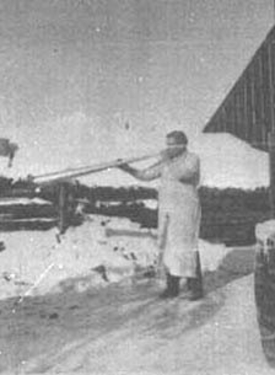 Normann Helger, MANN BLÅSER PÅ LUR, KOKK MED FORKLE, VINTER, FARM, MINNESOTA, USA (STANGE)