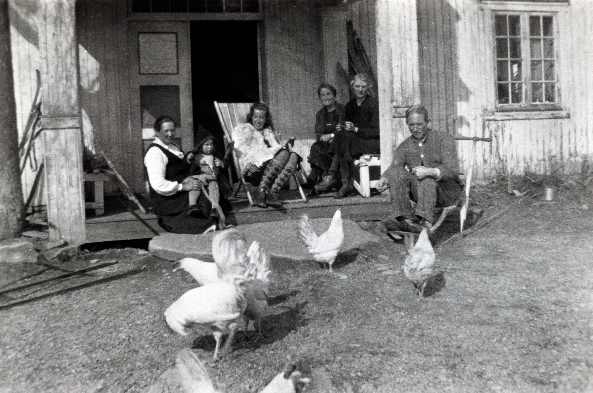 Anno Domkirkeodden, HAUKÅSEN. UKJENTE GJESTER. KJENTE PERSONER ER NINA SJØLIE OG ERNA OLSEN. FRITTGÅENDE HØNER. CA 1938.