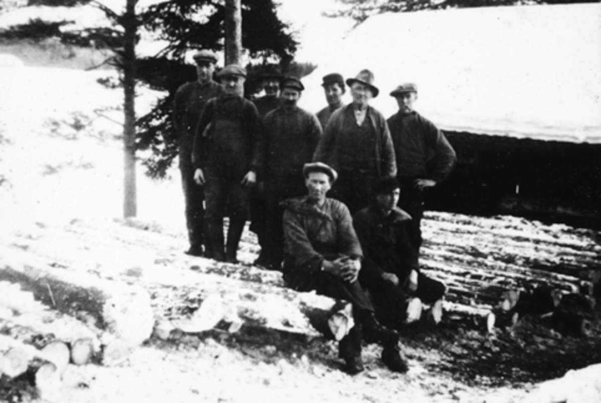 Anno Domkirkeodden, GJØVIKSAGA I GJØVIKA, STANGE, GRUPPE ARBEIDER. SITTENDE F. V. KRISTOFFER GRØNSVEEN, UKJENT. STÅENDE: F. V. KÅRE LØVLIE, ALF SKJELLET, UKJENT, UKJENT, UKJENT, ANDERS ANDERSEN, UKJENT. 1940-1945.
