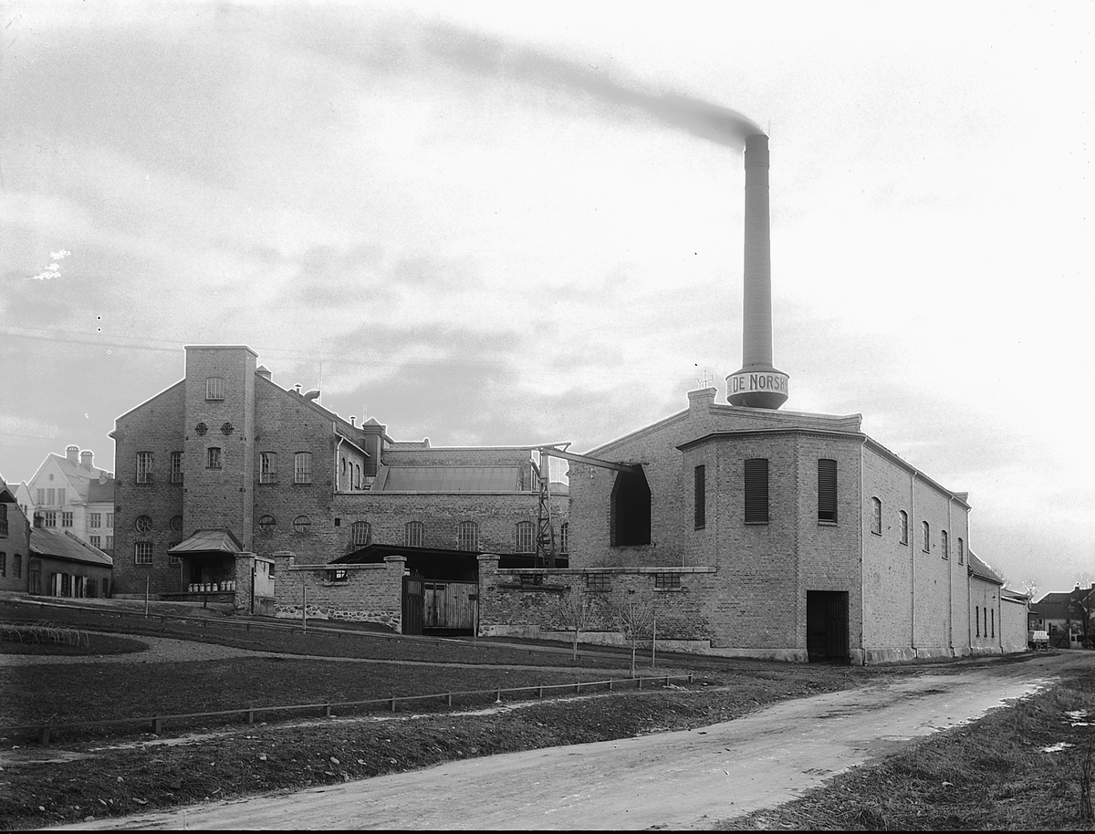 Christian Grundseth, De Norske Melkefabrikker a/s. Melkefabrikken. Eksteriør. Industrirøyk, fabrikkpipe. Hamar.