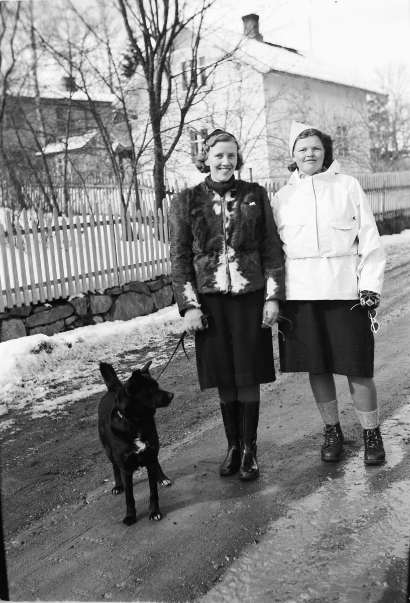 Håkon Prestkværn, To ukjente kvinner med en hund går tur i ukjent gate.