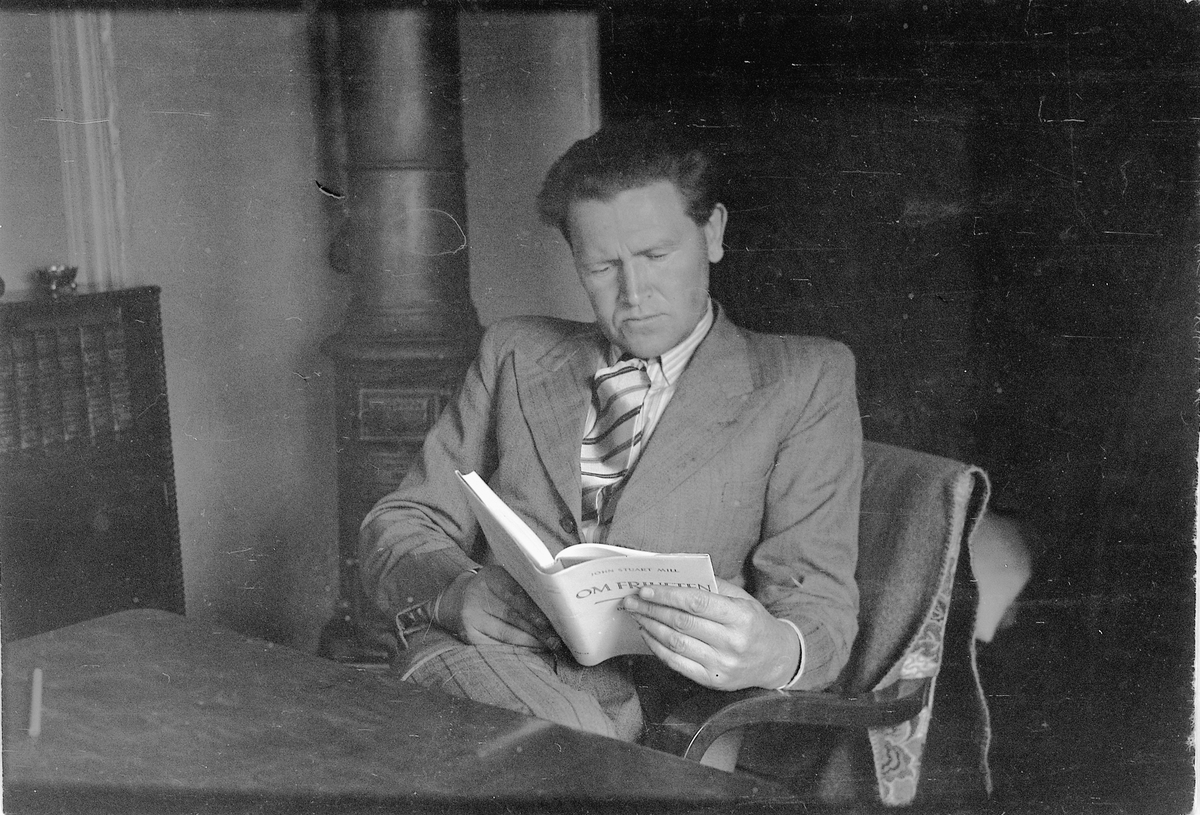 Håkon Prestkværn, Portrett, mann leser bok, Håkon Prestkværn, Moelv.