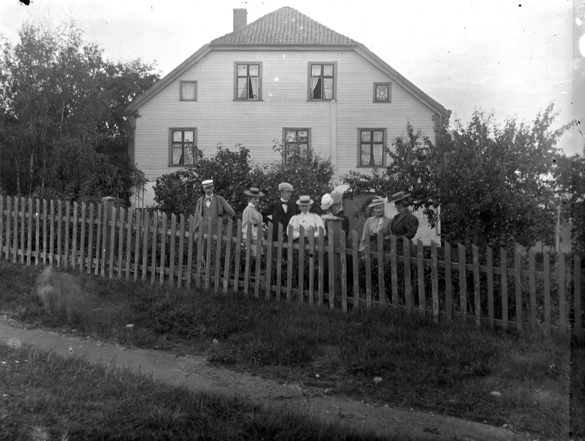 Martin Finborud, Gruppe mennesker i hagen til hovedbygningen på Grefsheim gård i Nes, Hedmark.