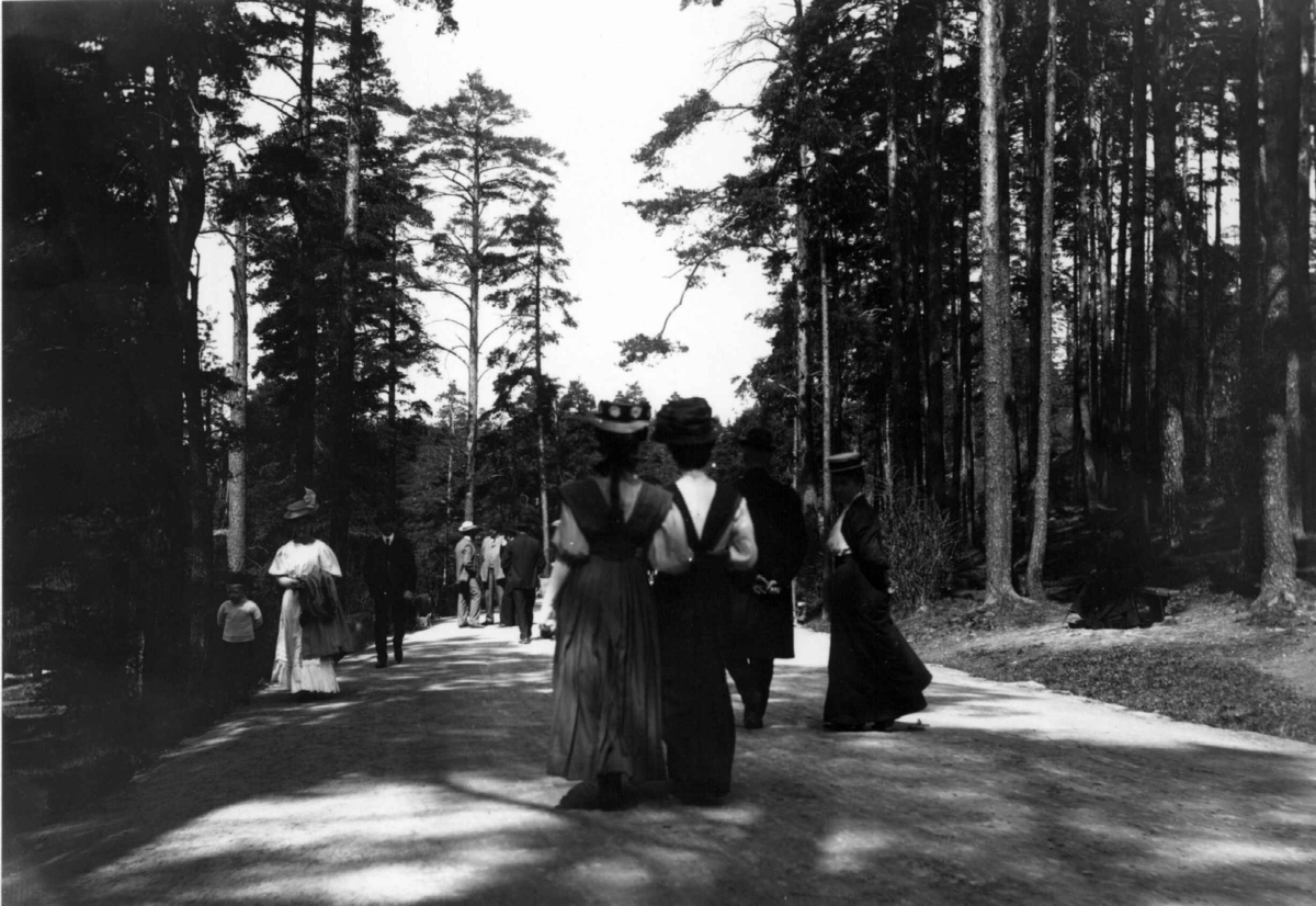 Hermann Christian Neupert, Ekeberg, Oslo. 1908-1910. Spaserende personer, kvinner og menn. Skog. Vei.
