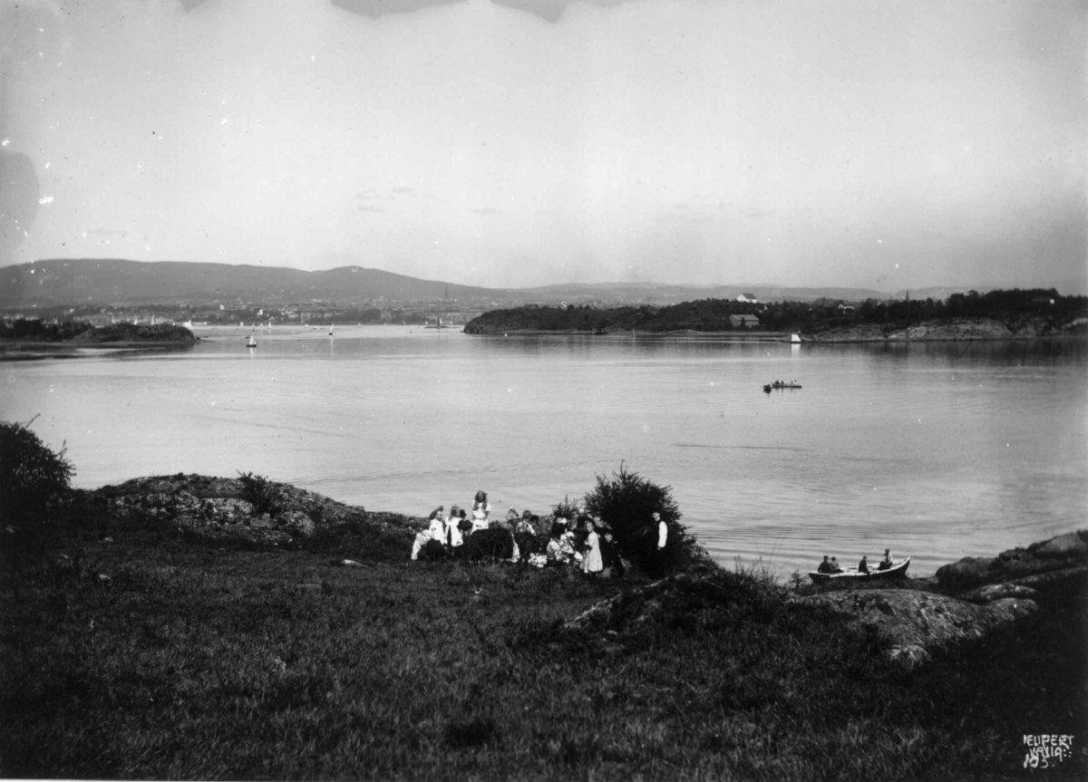 Hermann Christian Neupert, Gressholmen, Oslo. 1908. Oversiktsbilde. Mennesker på landtur, fjorden og båter.