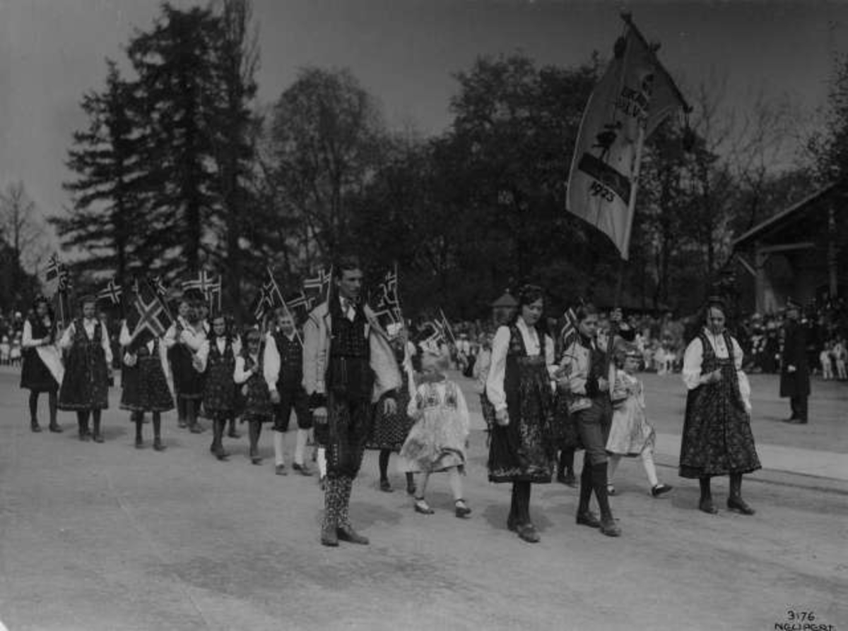 Hermann Christian Neupert, Oslo 17. mai-tog 1925. Bunadskledde barn og voksne i tog. Bærer flagg.